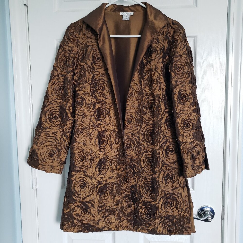 Grace Chuang NY Open Satin Duster Size S Copper Floral Applique Textured Luxury